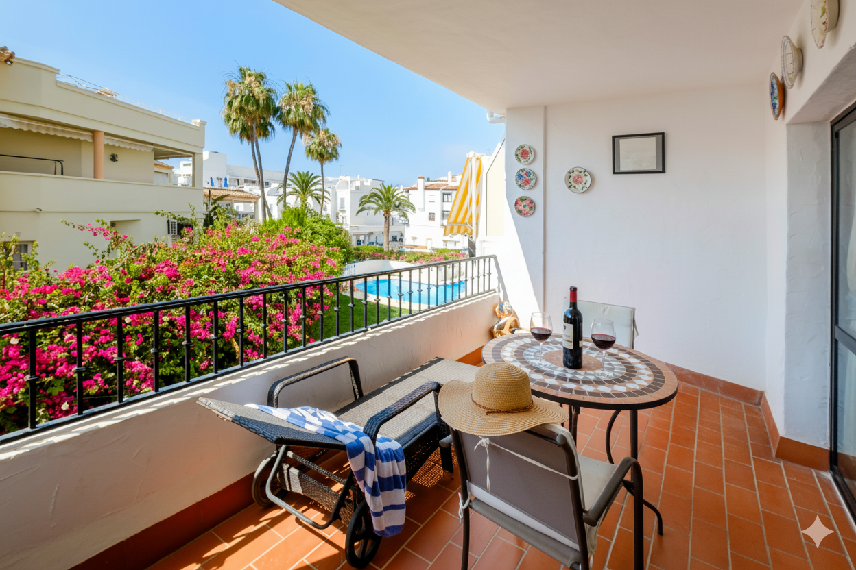 Charming apartment with a sunny terrace overlooking the gardens and pool, in the heart of Nerja