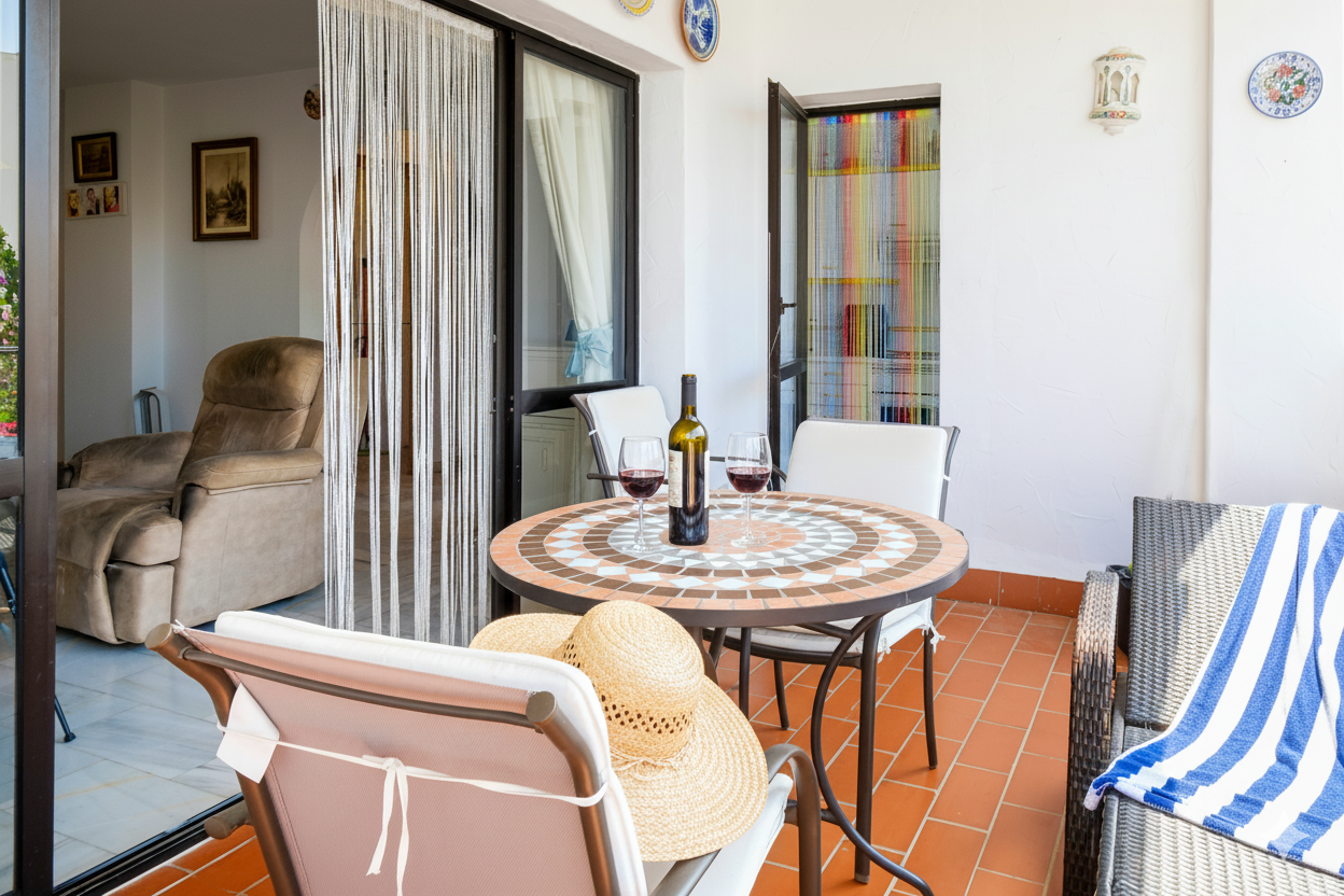 Charming apartment with a sunny terrace overlooking the gardens and pool, in the heart of Nerja