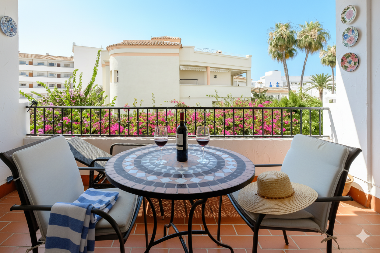 Charming apartment with a sunny terrace overlooking the gardens and pool, in the heart of Nerja
